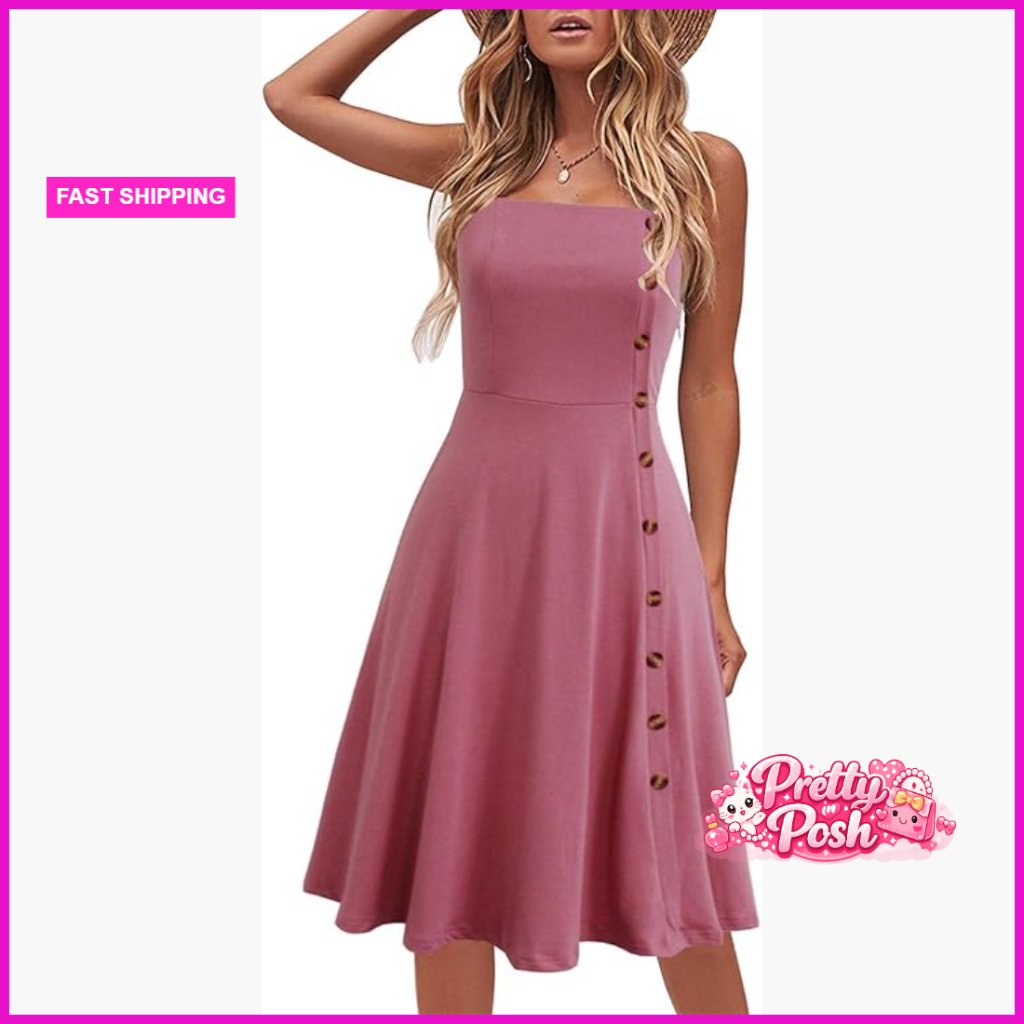 Cotton And Polyester Button Down A-Line Midi Sundress Casual Summer